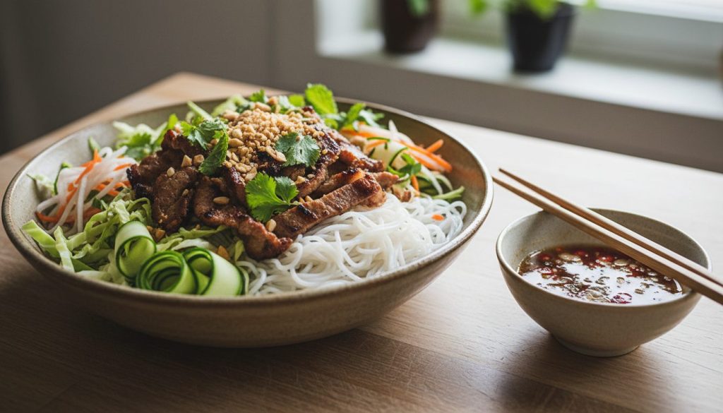 Bun Thit Nuong – vietnamesischer Nudelsalat mit Reisnudeln, Spitzkohl und gegrilltem Schweinefleisch