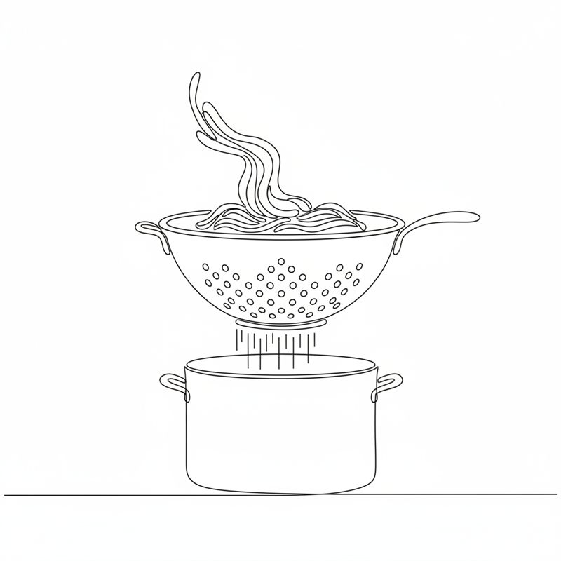 Illustration: gekochte Reisnudeln werden in ein Sieb gegossen
