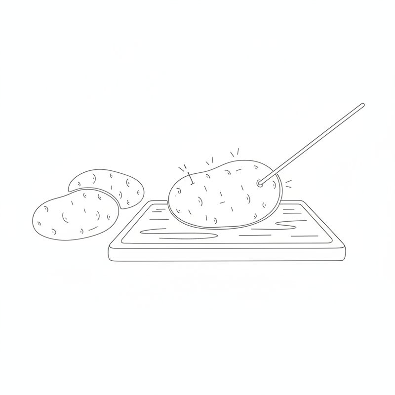 Illustration: eine Kartoffel wird auf einem Brett mit einem Spieß eingestochen