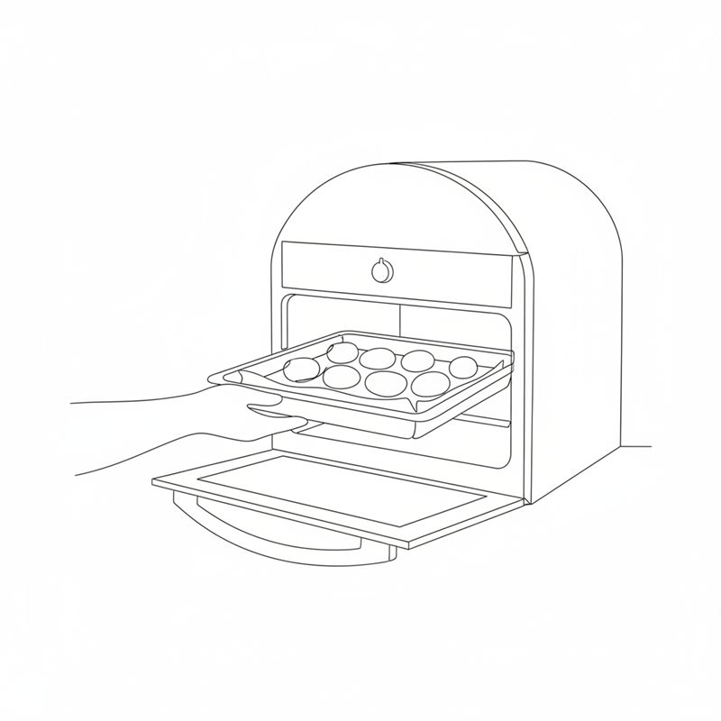 Illustration: Kartoffeln auf einem Blech mit Backpapier kommen in den Ofen