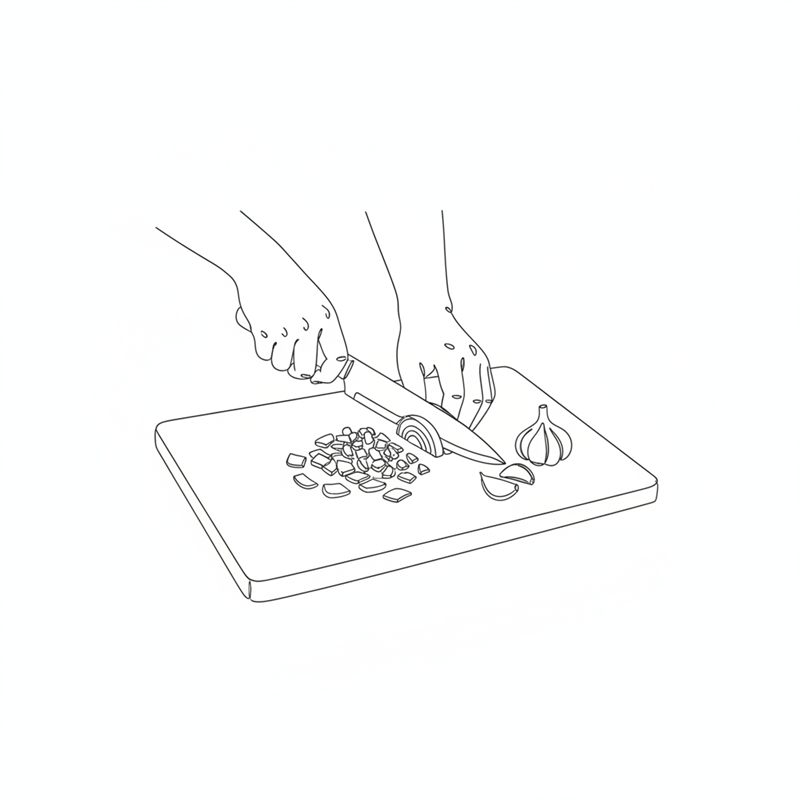 Illustration: Zwiebel und Knoblauch werden auf einem Brett fein gehackt