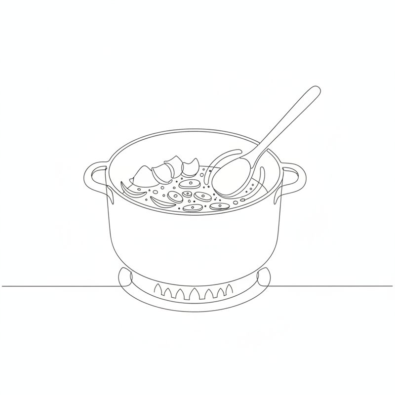 Illustration: Zwiebel, Karotte und Kräuter werden in einem Topf mit Kochlöffel angedünstet
