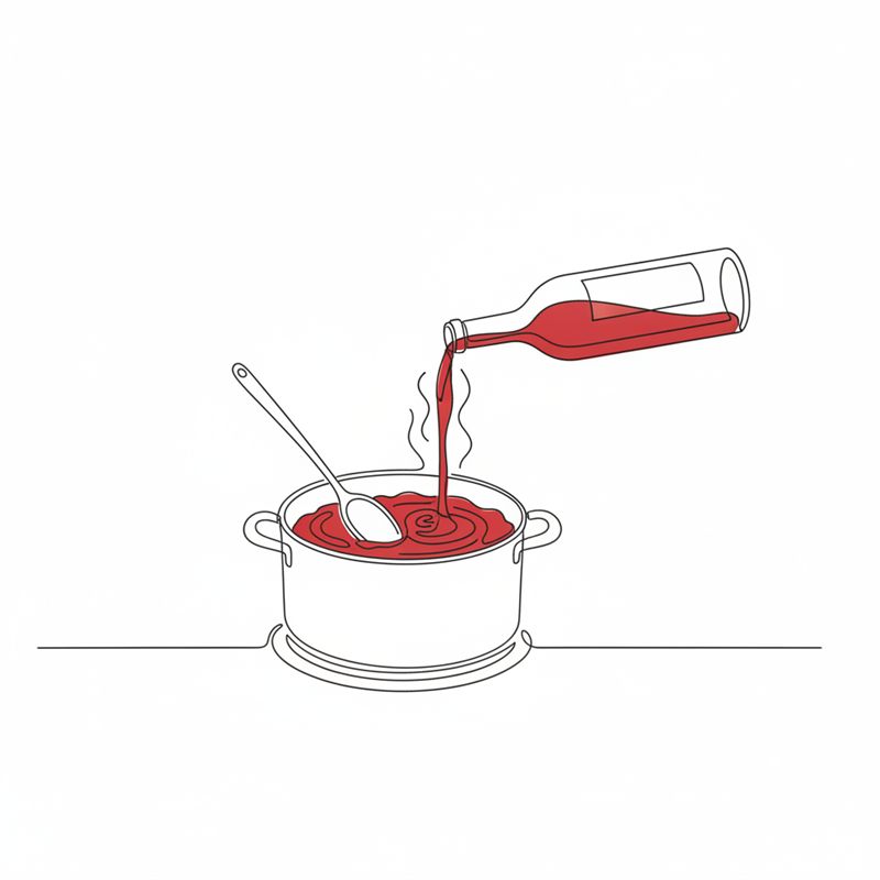 Illustration: Tomatenmark wird im Topf verrührt, während Rotwein aus einer Flasche zugegossen wird