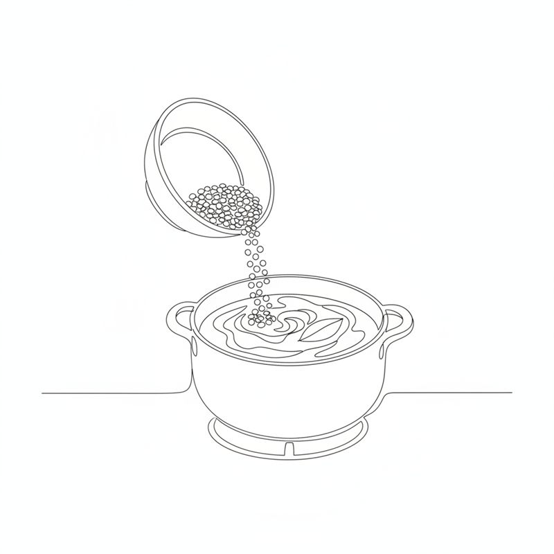 Illustration: getrocknete Belugalinsen werden aus einer Schüssel in eine köchelnde Tomatensauce gegeben