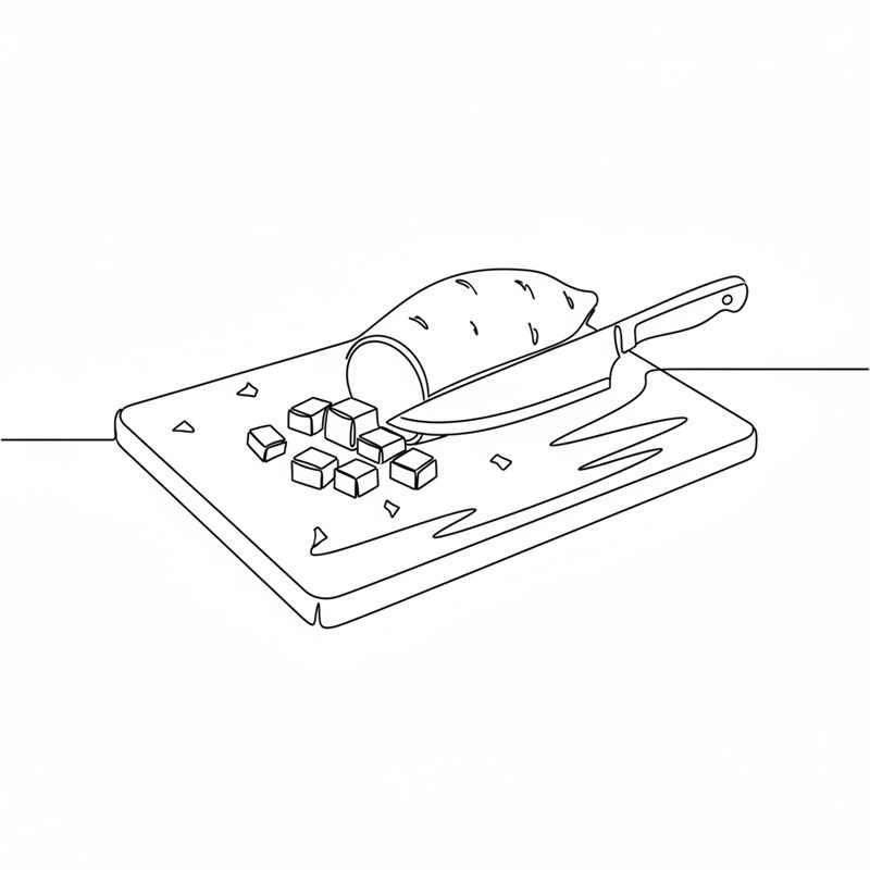 Illustration: eine Süßkartoffel wird auf einem Brett in Stücke geschnitten