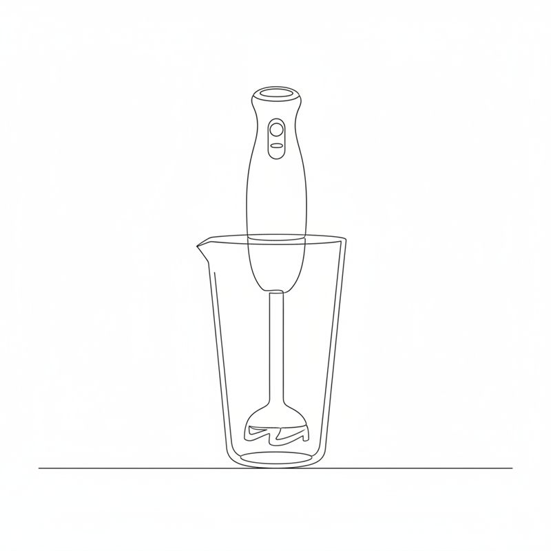 Illustration: der Stabmixer steht senkrecht am Boden des Mixbechers