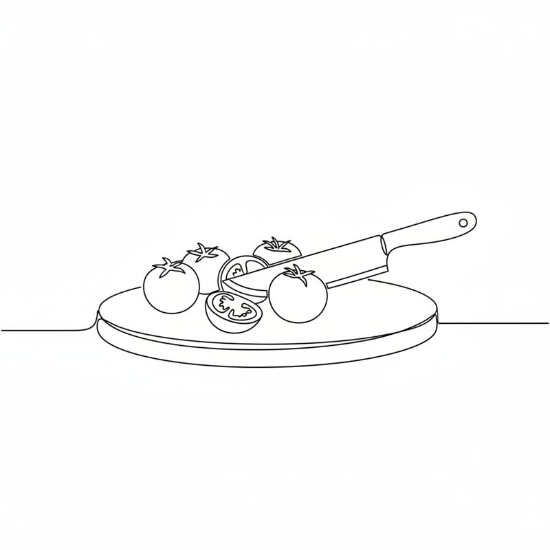Illustration: Kirschtomaten werden auf einem Schneidebrett halbiert