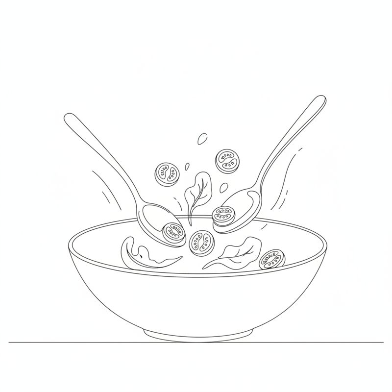 Illustration: Salatblätter und halbierte Tomaten werden in einer großen Schüssel gemischt