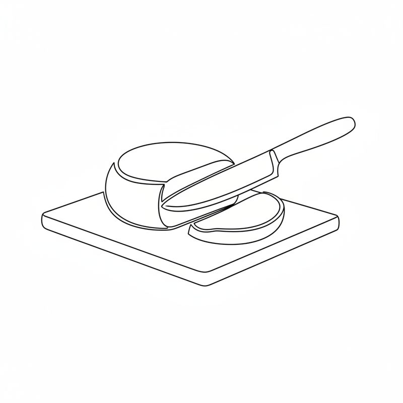 Illustration: ein weicher Burrata wird auf einem Brett in breite Scheiben geschnitten
