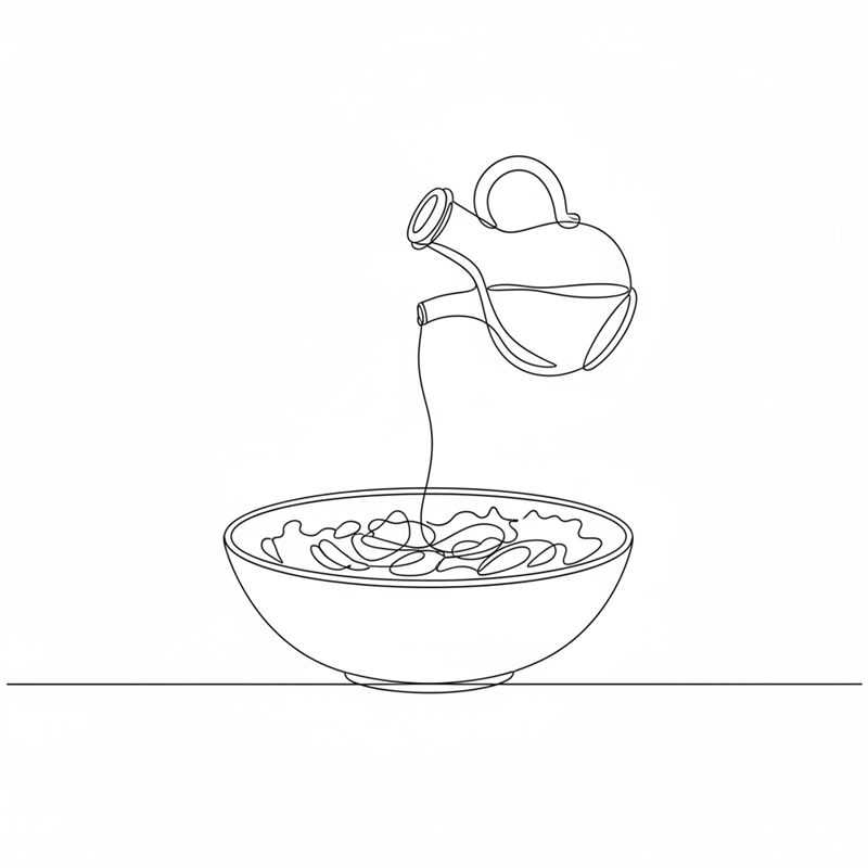 Illustration: Balsamico-Creme wird aus einer Flasche über den fertigen Salat geträufelt