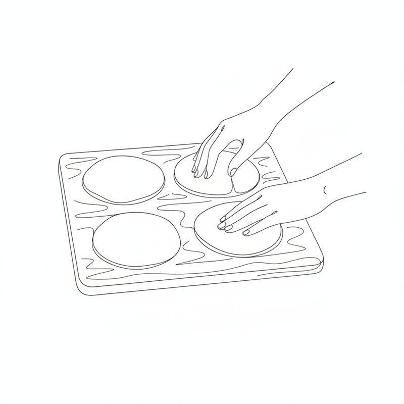 Illustration: vier flache Pattys werden auf einem Schneidebrett geformt