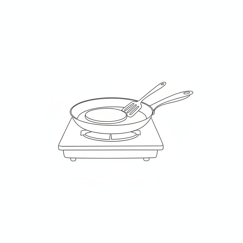 Illustration: ein flaches Patty brät in einer Pfanne, daneben ein Pfannenwender