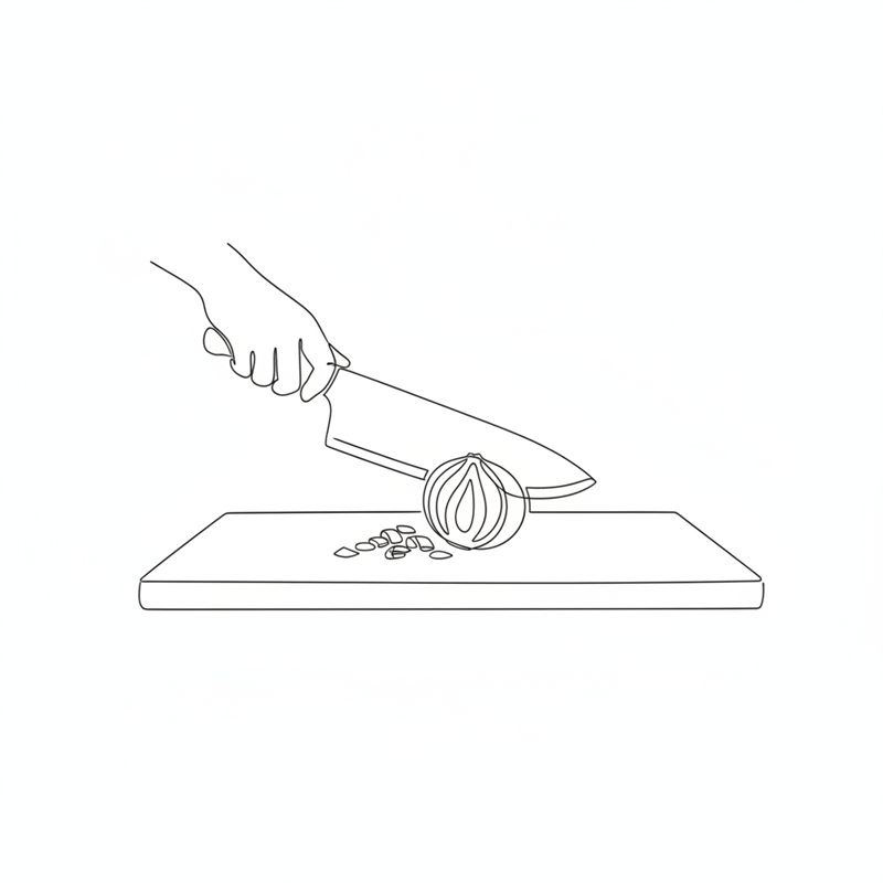Illustration: eine Zwiebel wird mit einem großen Messer fein gehackt