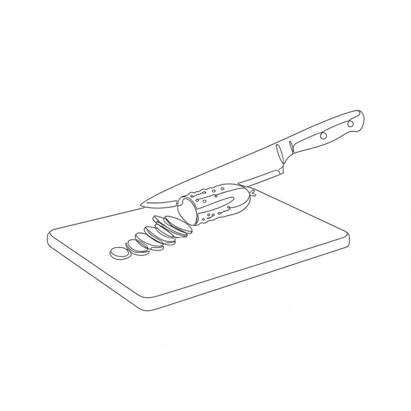 Illustration: eine Gewürzgurke wird auf einem Schneidebrett in dünne Scheiben geschnitten