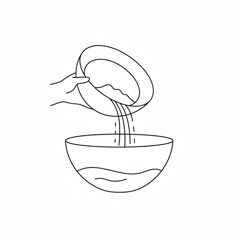 Illustration: Mehl wird aus einer Schüssel in eine Schüssel mit Wasser geschüttet