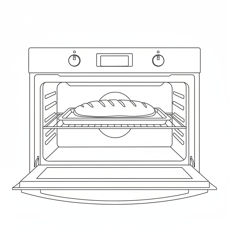 Illustration: ein Ciabatta-Brot auf einem Blech im heißen Backofen