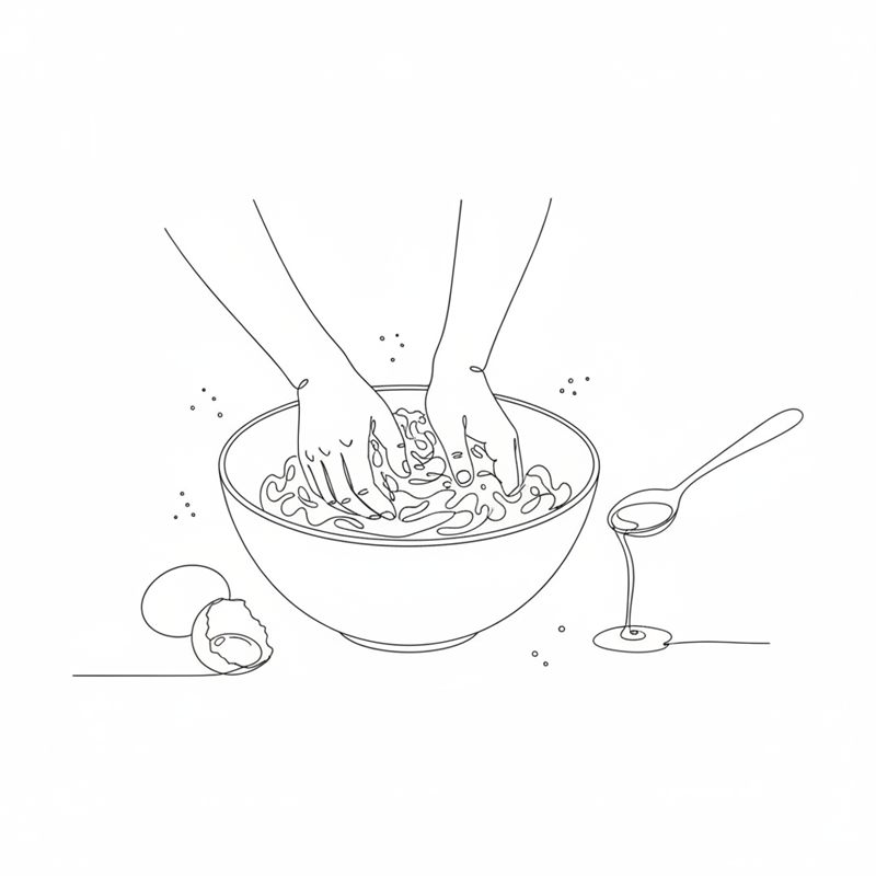Illustration: Mehl, Eier und Olivenöl werden in einer Schüssel zu Pastateig verknetet
