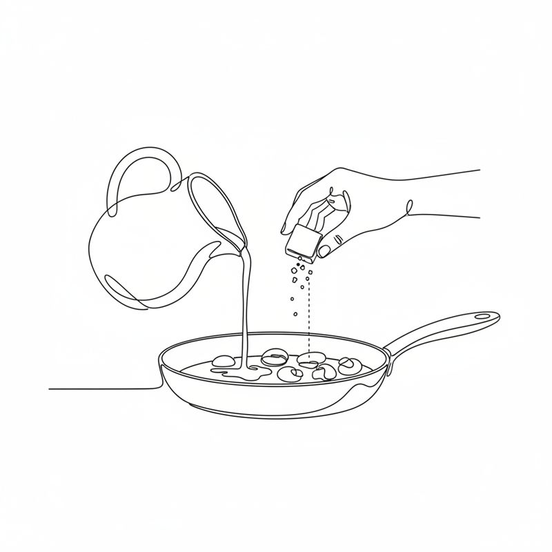 Illustration: Sahne wird aus einem Kännchen in die Pfanne gegossen, dazu wird ein Brühwürfel zerbröselt
