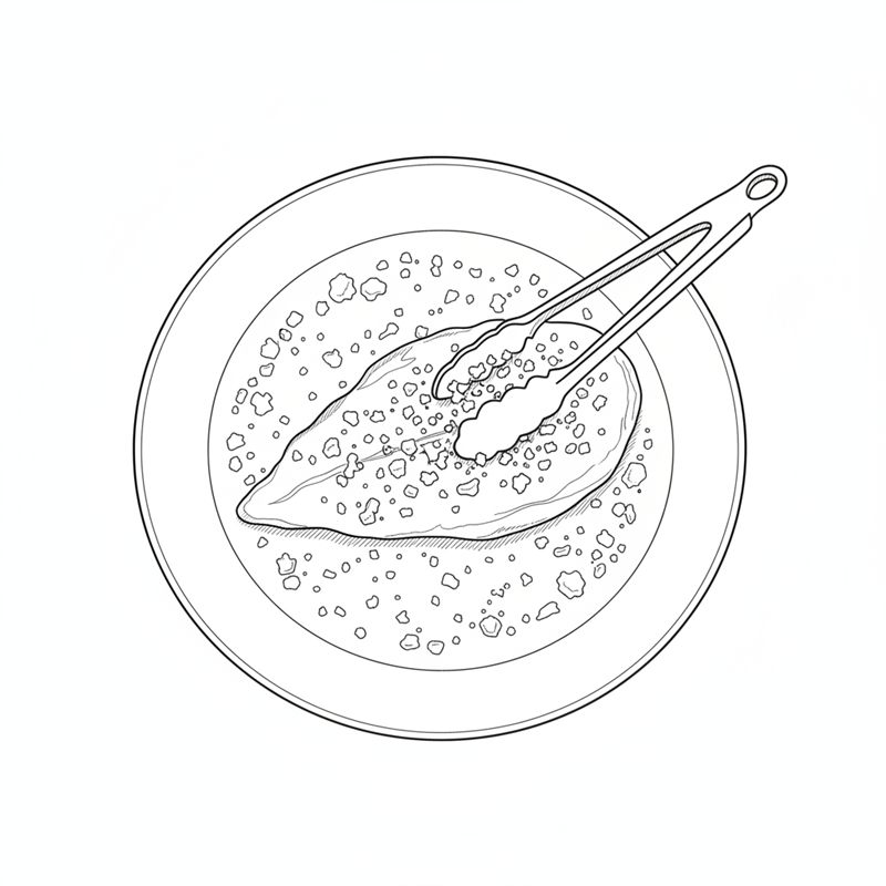 Illustration: ein flach geklopftes Hähnchenfilet wird mit einer Zange in zerstoßenen Cornflakes gewendet