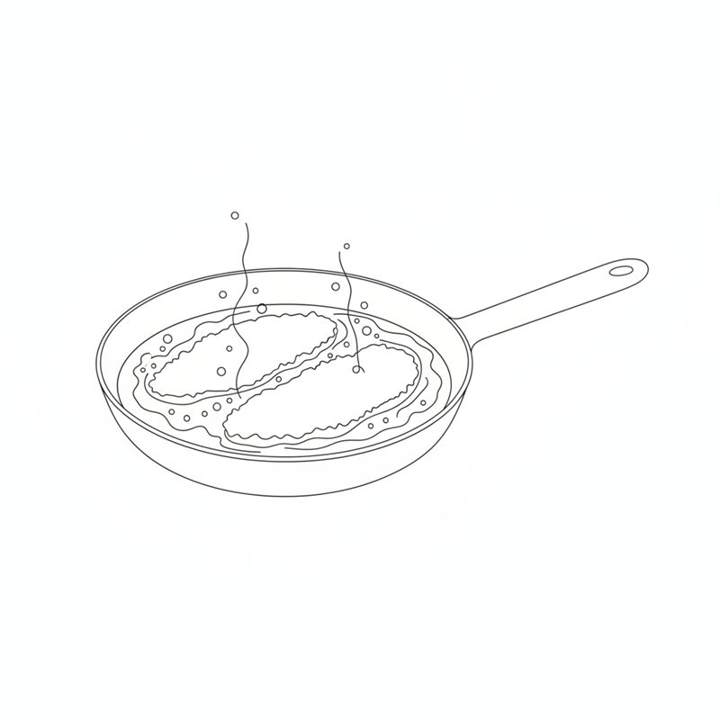 Illustration: zwei panierte Hähnchenfilets braten in einer dicken Schicht Öl in der Pfanne