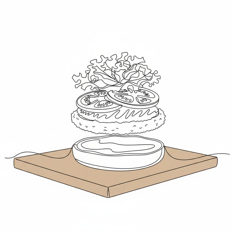 Illustration: ein Burgerbrötchen wird mit Chili-Mayo, paniertem Hähnchen, Tomatenscheiben und Salat belegt