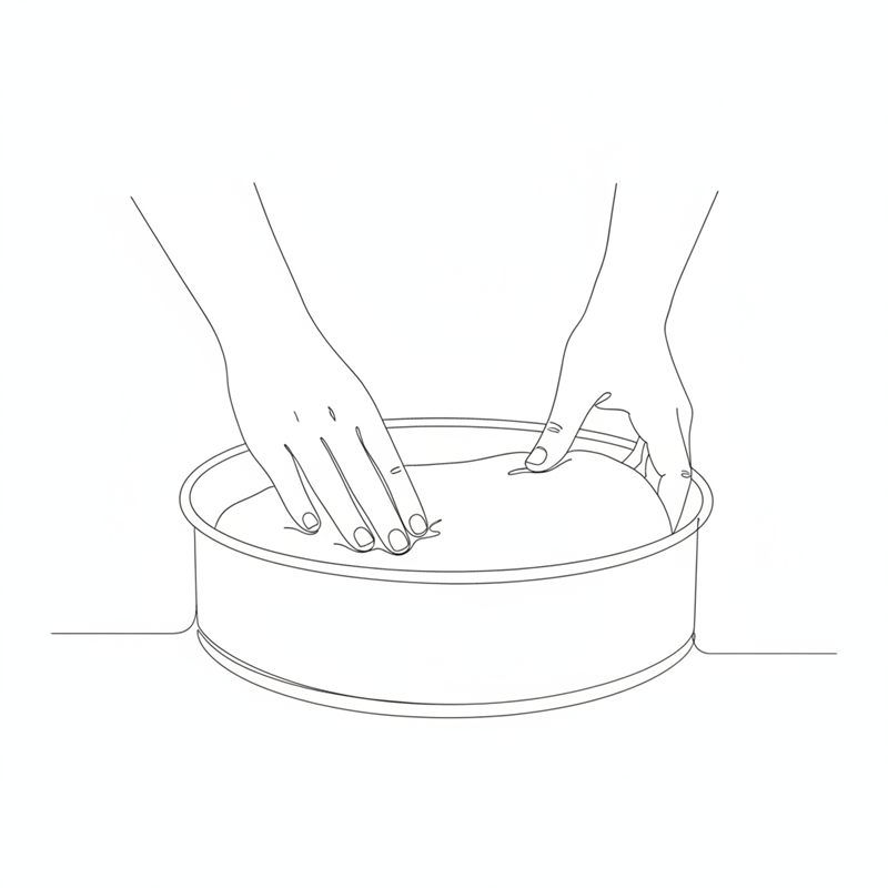 Illustration: zwei Hände drücken den Pizzateig in den Boden einer gefetteten Form