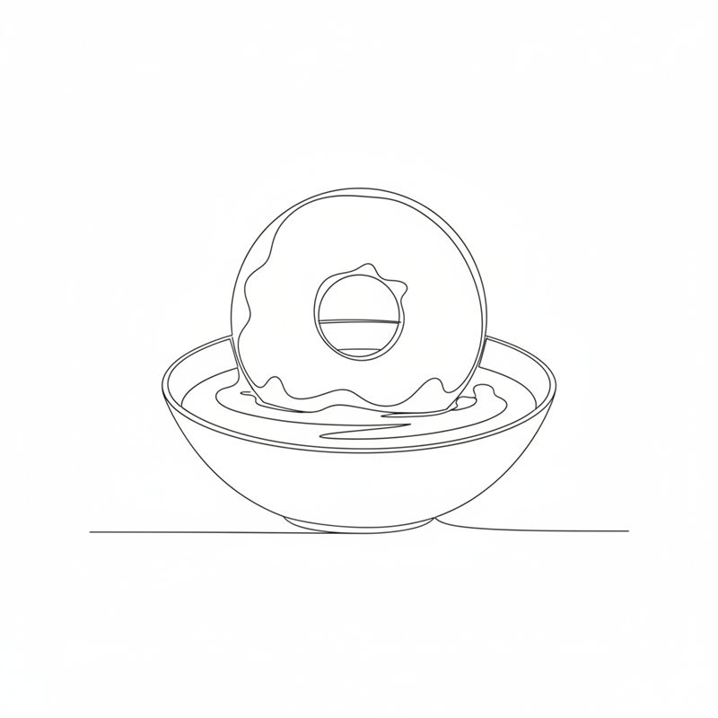 Illustration: ein abgekühlter Donut wird kopfüber in eine Schale mit Guss getaucht