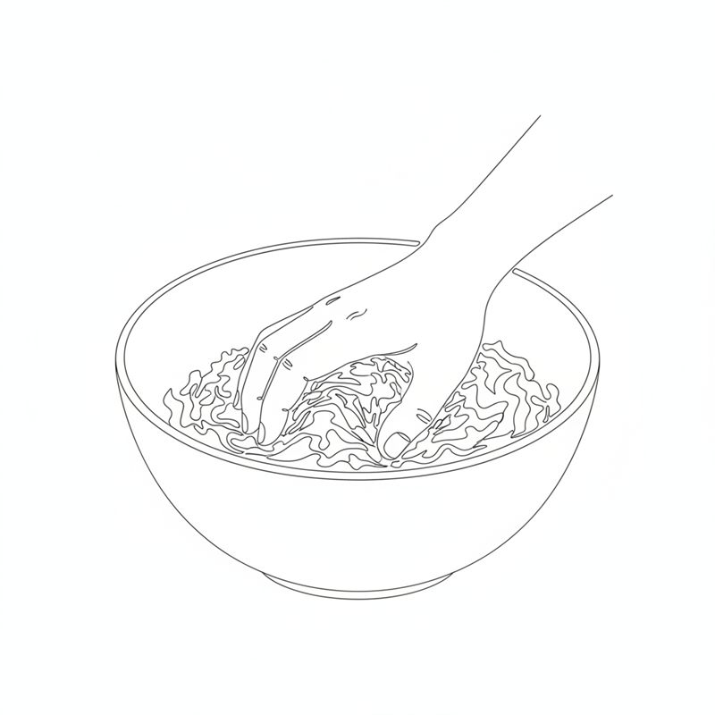 Illustration: eine Hand drückt fein gehackten Weißkohl in einer Schüssel nach unten