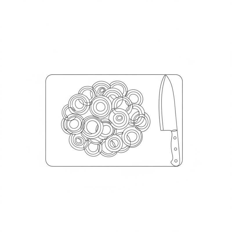 Illustration: ein Haufen dünn geschnittener Zwiebelscheiben auf einem Brett mit Messer daneben