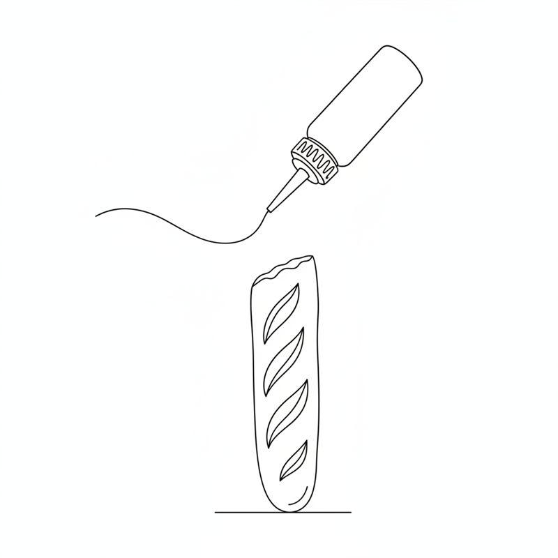 Illustration: eine Flasche mit spitzer Tülle spritzt Dressing in das Loch eines Hotdog-Brötchens