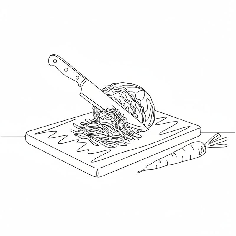 Illustration: Weißkohl wird auf einem Holzbrett fein gehobelt für Krautsalat