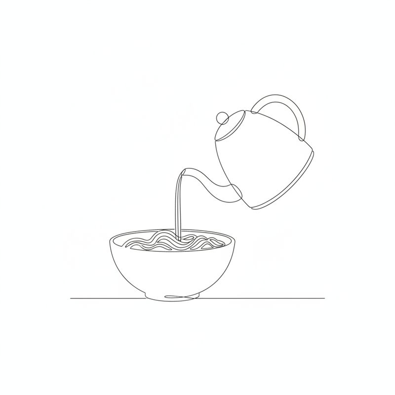 Illustration: kochendes Wasser wird aus einem Kessel über Reisnudeln in einer Schüssel gegossen