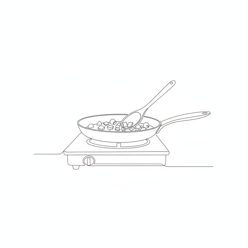 Illustration: eine Pfanne auf dem Herd, in der Füllung mit einem Holzlöffel gerührt wird