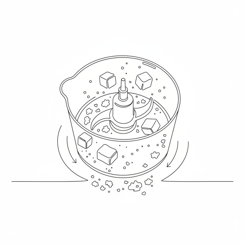 Illustration: kalte Butterwürfel und Mehl werden in einer Küchenmaschine zu Mürbeteig gehackt