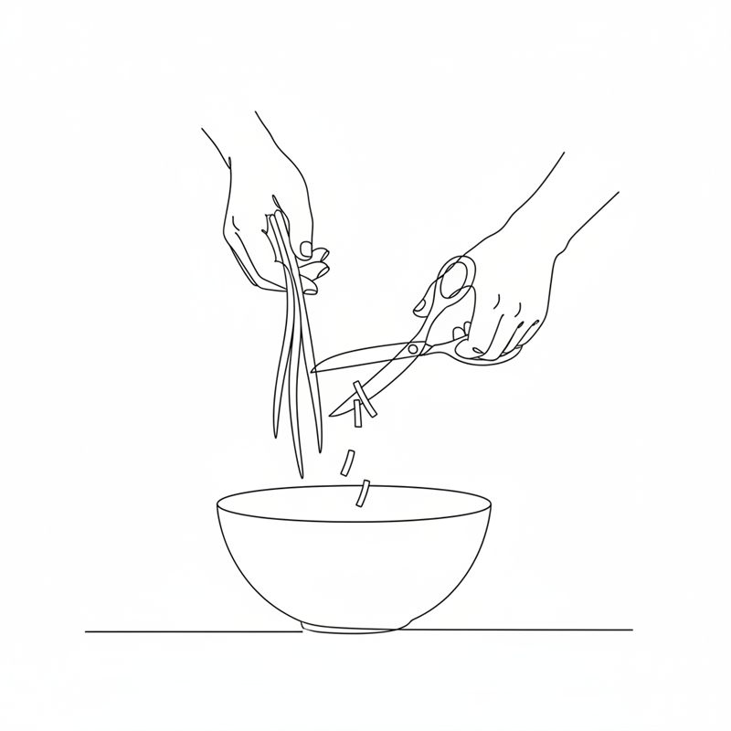 Illustration: frischer Schnittlauch wird mit einer Küchenschere über einer Schüssel geschnitten
