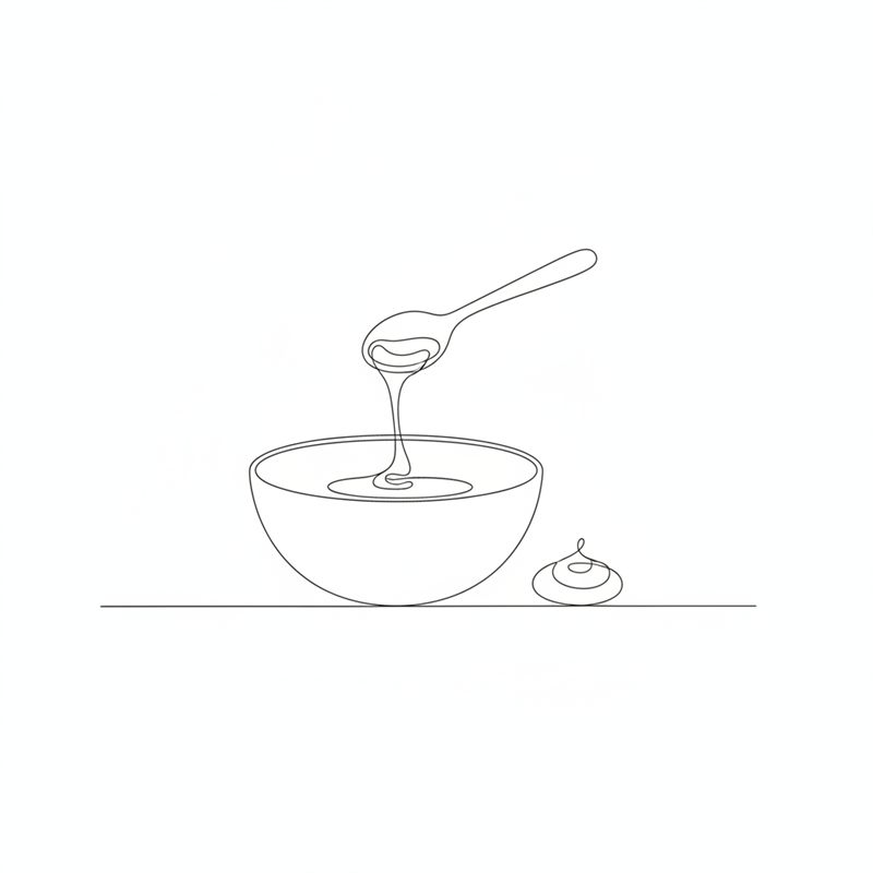 Illustration: flüssiger Honig tropft von einem Löffel in eine Schüssel neben einem Klecks Senf