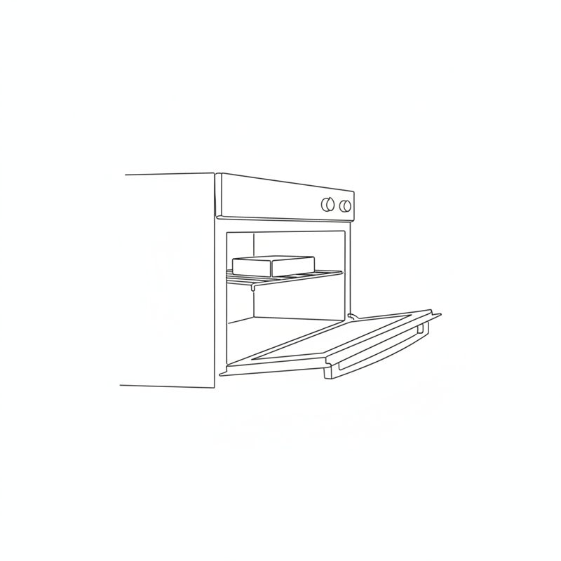 Illustration: ein Braten steht auf einem Rost oben in einem geöffneten Ofen