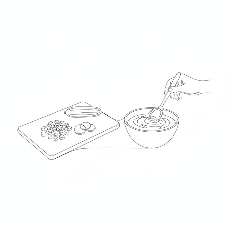 Illustration: eine Soße wird in einer Schüssel gerührt, daneben gewürfelte rote Zwiebel und Gewürzgurken