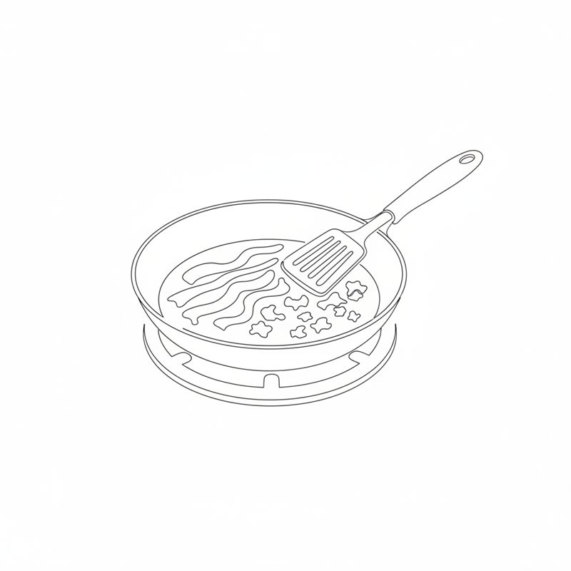 Illustration: Baconscheiben und Hackfleisch braten in einer Pfanne