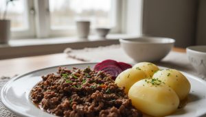 Saure Leber mit Apfel, serviert mit Salzkartoffeln und eingelegten Roten Beten
