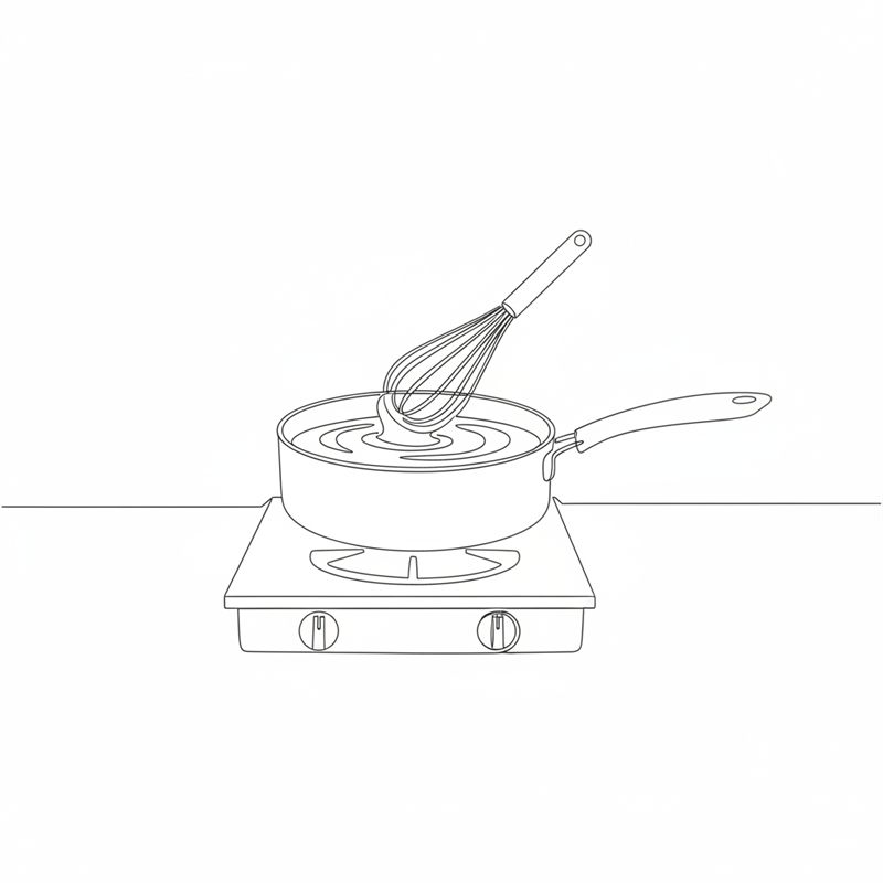 Illustration: ein Schneebesen rührt eine dicke Sauce in einem Topf auf dem Herd