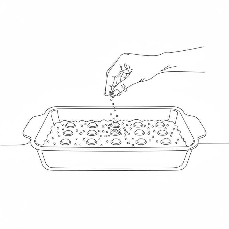 Illustration: Semmelbrösel werden über eine Auflaufform gestreut, mit Butterflöckchen obenauf