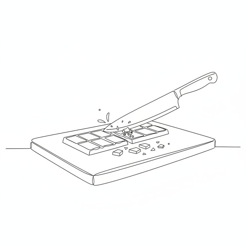 Illustration: eine Tafel weiße Schokolade wird auf einem Brett klein gehackt