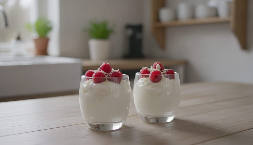 Zwei Gläser weiße Mousse au Chocolat mit frischen Himbeeren und weißen Schokoraspeln
