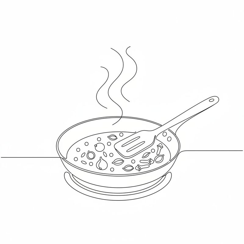 Ganze Gewürze liegen in einer trockenen Pfanne auf der Kochplatte; ein Pfannenwender rührt darin, Duft steigt auf