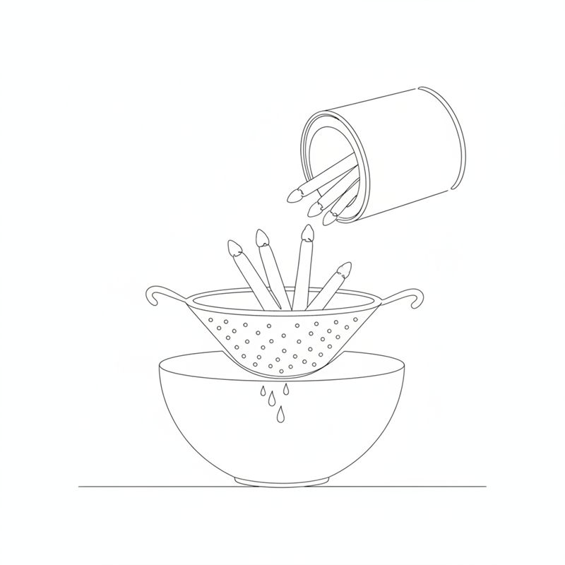 Illustration: weiße Spargelstücke werden aus dem Glas in ein Sieb gegossen, das über einer Schüssel steht, damit der Sud abläuft