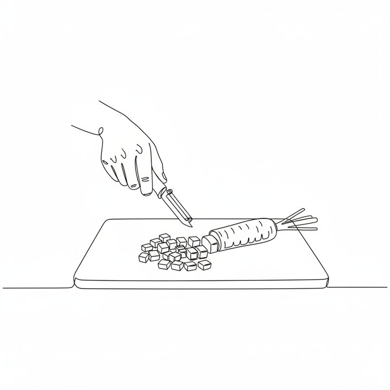 Illustration: eine Hand schält mit einem Sparschäler eine Möhre auf einem Schneidebrett, daneben ein Häufchen fertig gewürfelter Möhren