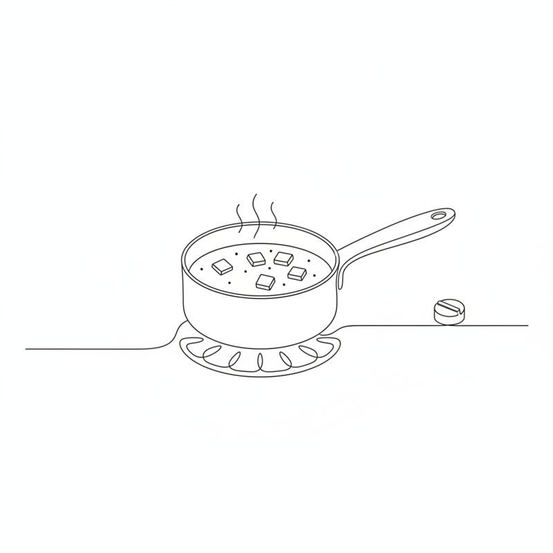 Illustration: Möhrenwürfel kochen in einem kleinen Topf mit Wasser auf einer Herdplatte