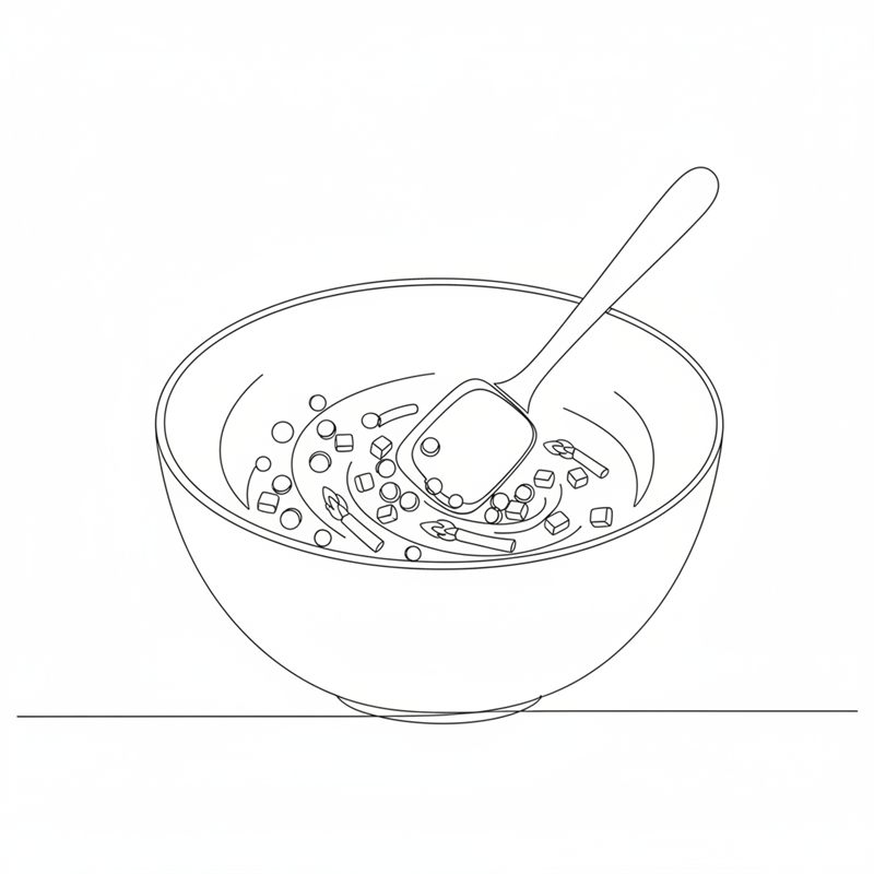 Illustration: ein Teigschaber hebt Erbsen, Möhrenwürfel und Spargelstücke in einer großen Schüssel unter das Dressing