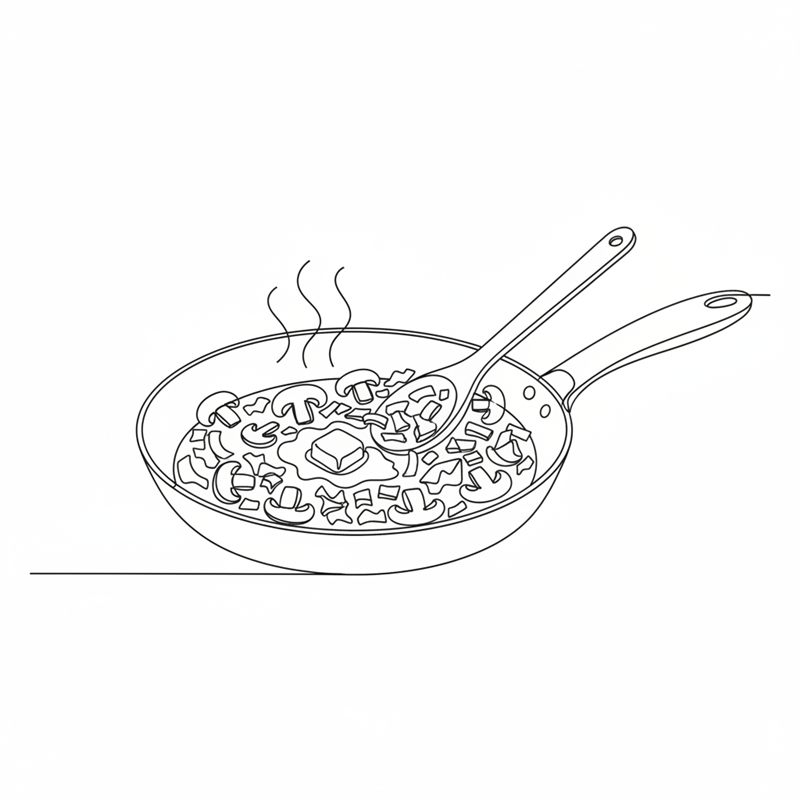 Illustration: gehackte Champignons und Zwiebeln braten mit einem Stück Butter in einer Pfanne, ein Löffel rührt um